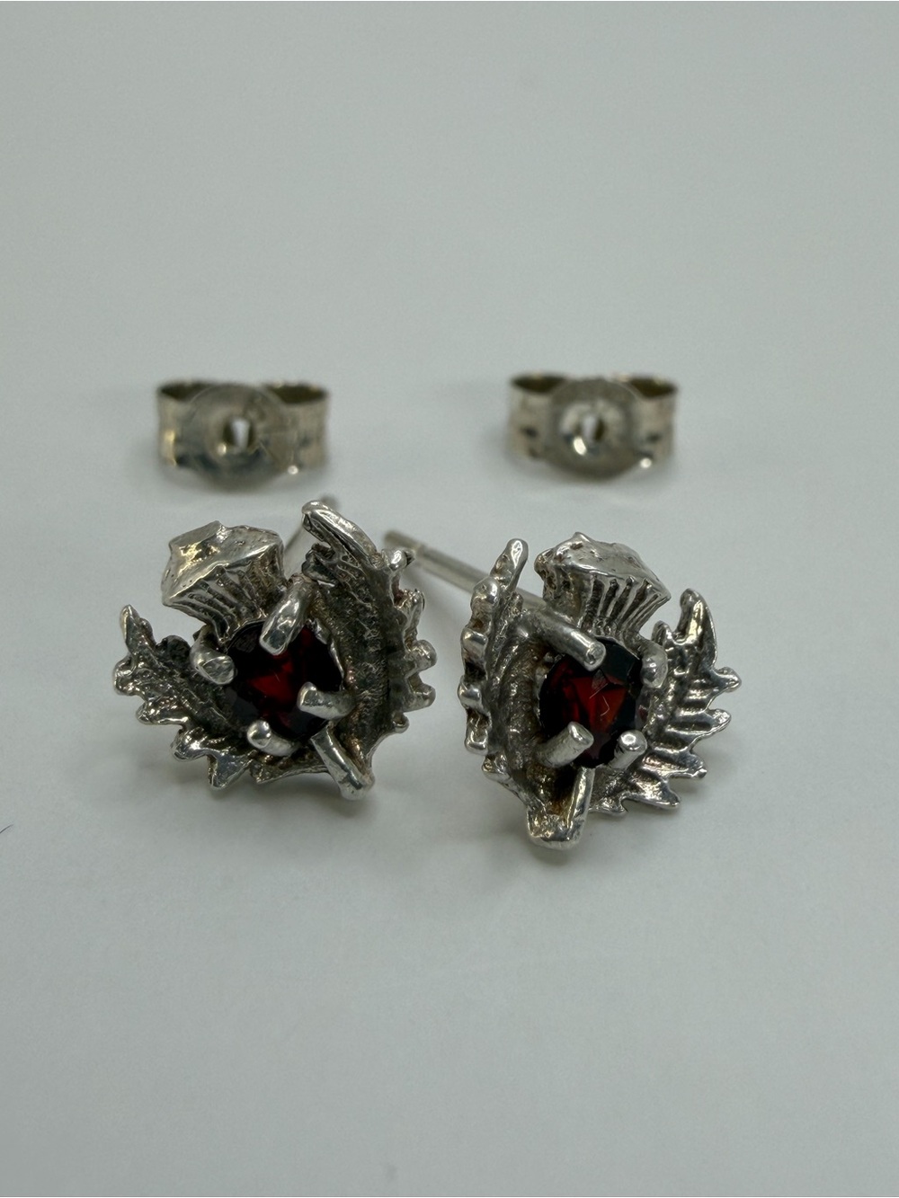 Vintage Sterling Silver Scottish Thistle Stud Earrings with natural garnet